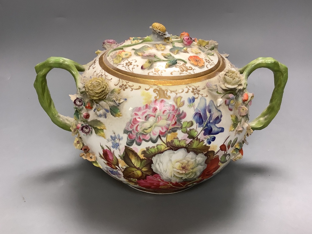 A Minton Meissen style flower encrusted large bowl and cover, c.1835, 17cm, pseudo crossed swords marks